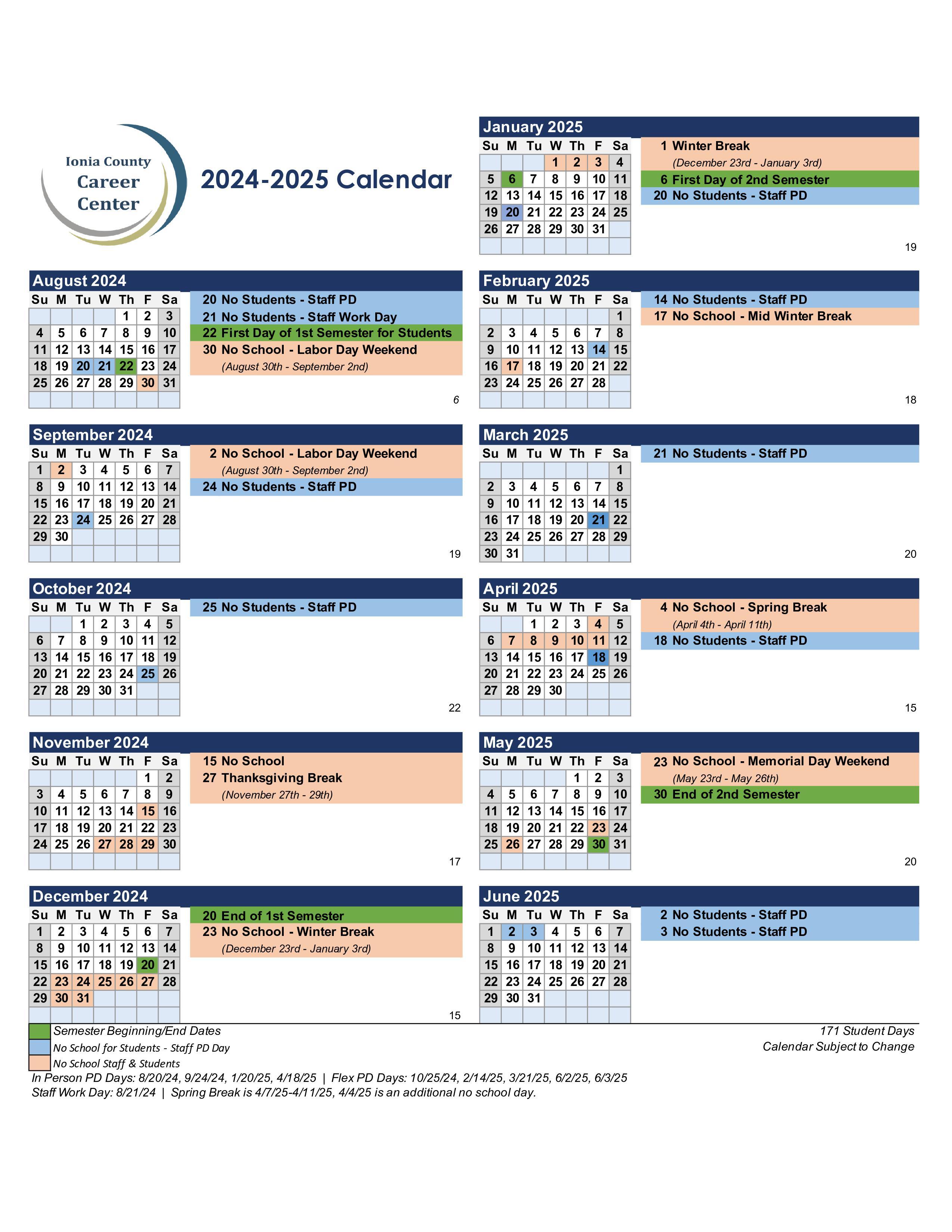 2024-2025 Ionia County Career Center Calendar